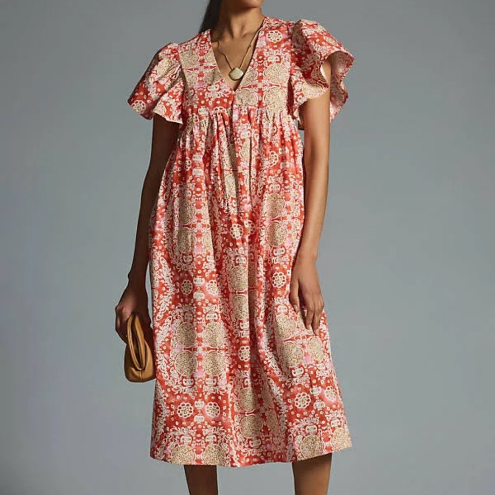 EUC Maeve Printed Flutter-Sleeve Babydoll Dress